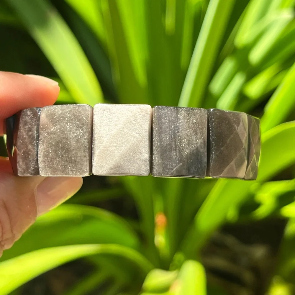 Stretchable‎ faceted silver obsidian soft bangle